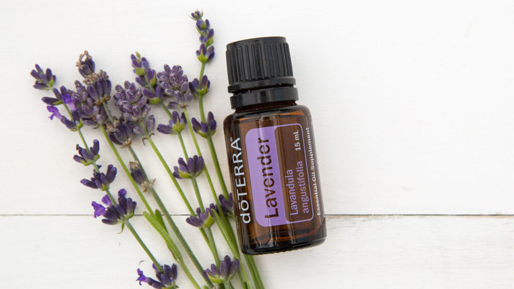 Флакон эфирного масла Лаванда dōTERRA рядом с цветущей лавандой